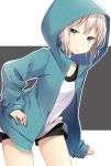  1girl aoba_moca bang_dream! bangs black_background black_choker black_shorts blue_eyes blue_jacket choker closed_mouth eyebrows_visible_through_hair highres hood hood_up hooded_jacket jacket komomo_(ptkrx) leaning_forward long_sleeves open_clothes open_jacket outline shirt short_hair short_shorts shorts silver_hair sleeves_past_wrists smile solo two-tone_background white_background white_outline white_shirt 