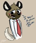  2018 aggressive_retsuko anthro blush bodily_fluids brown_background brown_body brown_fur clothed clothing dialogue english_text fur haida head_tuft hyaenid inner_ear_fluff juantriforce042 mammal necktie open_mouth open_smile sanrio shirt simple_background smile solo sweat sweatdrop text topwear tuft 
