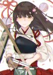  1girl akagi_(kantai_collection) apron arrow bow_(weapon) brown_eyes brown_gloves brown_hair cherry_blossoms flight_deck gloves hakama_skirt holding holding_arrow holding_bow_(weapon) holding_weapon kantai_collection long_hair looking_at_viewer muneate nello_(luminous_darkness) partly_fingerless_gloves red_skirt single_glove skirt smile solo tasuki upper_body weapon yugake 