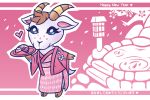  &lt;3 2020 animal_crossing anthro asian_clothing big_eyes blush bovid brown_hair brown_horn caprine chevre_(animal_crossing) clothed clothing east_asian_clothing eyelashes female fluffy fluffy_tail fortune_cookie freckles fur gloves_(marking) goat hair horn japanese_clothing looking_at_viewer mammal markings multicolored_horn nintendo obi patohoro pink_clothing plate short_hair short_stack short_tail solo text thick_thighs two_tone_horn video_games white_body white_fur yellow_horn yukata 