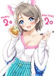  1girl 2020 :d absurdres alternate_costume animal_ear_fluff animal_ears bangs bare_shoulders blue_coat blue_eyes blue_shorts blush breasts cleavage coat collarbone commentary_request fake_animal_ears food fruit fur-trimmed_coat fur-trimmed_sleeves fur_trim hairband happy_new_year highres holding holding_food holding_fruit holding_marker long_sleeves looking_at_viewer love_live! love_live!_sunshine!! mandarin_orange medium_breasts mouse_ears nail_polish new_year off-shoulder_sweater off_shoulder open_mouth pink_nails round_teeth rozen5 short_hair shorts silver_hair simple_background smile solo striped sweater swept_bangs teeth upper_body upper_teeth vertical-striped_shorts vertical_stripes watanabe_you white_background white_hairband white_sweater 