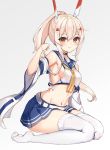  1girl ayanami_(azur_lane) azur_lane blonde_hair blue_sailor_collar blue_skirt breasts brown_eyes choker eyebrows_visible_through_hair full_body grey_background hair_between_eyes headgear long_hair looking_at_viewer medium_breasts midriff navel noboru_(kamine204136) ponytail sailor_collar sideboob simple_background sitting skirt solo thighhighs wariza white_legwear wide_sleeves zettai_ryouiki 