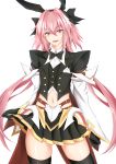  1boy :d animal_ears astolfo_(fate) bangs black_bow black_gloves black_hairband black_jacket black_legwear black_neckwear black_skirt blazer blush bow bowtie bunny_ears commentary_request cowboy_shot eyebrows_visible_through_hair fake_animal_ears fang fate/grand_order fate_(series) gloves hair_between_eyes hair_bow hair_intakes hairband highres jacket long_hair long_sleeves looking_at_viewer low_twintails male_focus midriff miniskirt navel open_mouth otoko_no_ko pink_hair piro_(iiiiiiiiii) pleated_skirt purple_eyes simple_background skirt skirt_hold smile solo standing thighhighs thighs twintails very_long_hair white_background white_hair wide_sleeves zettai_ryouiki 