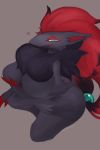  2019 anthro breasts claws female fur kadomarco looking_at_viewer nintendo pok&eacute;mon pok&eacute;mon_(species) red_body red_claws simple_background smile solo video_games zoroark 