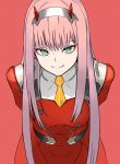  1girl arms_behind_back bangs belt black_belt blue_eyes breasts closed_mouth darling_in_the_franxx dress grey_hairband hairband horns kanata_(chack_fastener) leaning_forward long_hair looking_at_viewer medium_breasts military military_uniform necktie pink_hair red_background red_dress short_necktie simple_background smile solo uniform very_long_hair yellow_neckwear zero_two_(darling_in_the_franxx) 