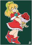  1girl android blonde_hair blush bouquet capcom dress eyebrows_visible_through_hair flower full_body green_eyes hair_between_eyes hair_ribbon high_ponytail holding holding_bouquet ian_dimas_de_almeida long_hair one_eye_closed ponytail red_dress red_footwear ribbon rockman rockman_(classic) roll sidelocks signature simple_background smile solo 