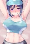  abs armpits arms_up blue_hair highres long_hair love_live! love_live!_school_idol_project love_live!_sunshine!! matsuura_kanan midriff nasuno_(nasuno42) navel purple_eyes sweat 