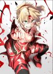  1girl amputee bangs bare_shoulders black_legwear blonde_hair blood blood_on_face bloody_clothes braid breasts cleavage commentary_request fate/apocrypha fate_(series) green_eyes guro hair_ornament hair_scrunchie highres long_hair looking_at_viewer mordred_(fate) mordred_(fate)_(all) mozu_(peth) ponytail red_scrunchie scrunchie simple_background small_breasts smile solo teeth torn_clothes torn_legwear white_background 