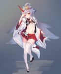  1girl ahoge azur_lane finger_to_head gradient gradient_background hair_ornament hibiki_(azur_lane) highres horns ka11_ca long_hair long_sleeves looking_at_viewer midriff mismatched_horns navel oni_horns pom_pom_(clothes) red_eyes sandals sarashi silver_hair skindentation skirt solo standing standing_on_one_leg talisman thigh_strap thighhighs very_long_hair white_legwear zettai_ryouiki 