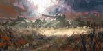  6+others artist_name chinese_commentary cloud cloudy_sky commentary_request cyclops_(girls_frontline) dark_sky fantasia_var girls_frontline grass grasslands ground_vehicle highres hydra_(girls_frontline) kcco_(girls_frontline) military military_vehicle motor_vehicle multiple_others no_humans robot sky tank 