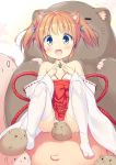 &gt;_&lt; 1girl :d ahoge animal animal_ear_fluff animal_ears bare_shoulders blue_eyes blush bow closed_eyes collarbone commentary_request detached_sleeves flower frilled_skirt frills hair_flower hair_ornament hamster hamster_ears highres knees_up looking_at_viewer no_shoes ochinsama open_mouth orange_hair original pleated_skirt purple_flower red_bow red_flower red_skirt ribbon-trimmed_sleeves ribbon_trim seed sidelocks sitting sitting_on_animal skirt smile solo sunflower_seed thighhighs twintails white_legwear white_sleeves ||_|| 