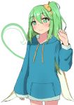  1girl alternate_costume arm_at_side arm_up blue_hoodie blush cowboy_shot daiyousei drawstring fairy_wings green_eyes green_hair hair_ribbon highres hood hood_down hoodie looking_at_viewer mizune_(winter) ribbon short_hair side_ponytail simple_background sleeves_past_wrists smile solo standing touhou white_background wings 