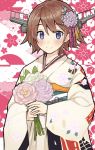  1girl absurdres alternate_costume blue_eyes blush brown_hair dokuganryuu eyebrows_visible_through_hair flipped_hair flower hair_flower hair_ornament headgear hiei_(kantai_collection) highres holding holding_flower japanese_clothes kantai_collection kimono looking_at_viewer short_hair smile solo upper_body 