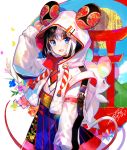  1girl :d animal_ears backpack bag black_hair blue_eyes chinese_zodiac fuji_choko highres hood hooded_jacket jacket looking_at_viewer mouse_ears multicolored_hair new_year open_mouth original signature smile solo two-tone_hair white_hair year_of_the_rat 