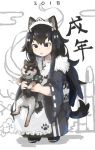  1girl 2018 animal animal_ears apron bamboo bandana bangs black_eyes black_hair chinese_zodiac dog dog_ears dog_girl dog_tail flower fur_collar highres hikimayu holding holding_animal holding_dog japanese_clothes kimono long_hair long_sleeves looking_at_another maid_apron maid_headdress new_year original paw_print_pattern shoes sidelocks squatting tail translated wa_maid year_of_the_dog zizi_niisan 