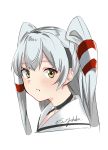  1girl amatsukaze_(kantai_collection) black_choker choker commentary_request hair_tubes hat highres kantai_collection long_hair looking_at_viewer mini_hat parted_lips sailor_collar signature silver_hair simple_background smokestack_hair_ornament solo sui_(sui27shika) two_side_up upper_body white_background white_sailor_collar windsock 