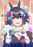  1girl 2020 :d absurdres animal animal_ear_fluff animal_ears animal_hair_ornament between_breasts black_hair black_jacket blazer blue_eyes blue_flower bone boy_(pixiv17542438) breasts buttons cleavage colorful eyebrows_visible_through_hair facepaint fangs feathers flower fur_collar gloves grey_wolf_(kemono_friends) hair_between_eyes hair_feathers hair_flower hair_leaf hair_ornament hairclip hamster head_tilt heart heterochromia highres holding index_finger_raised jacket kemono_friends leaf long_hair long_sleeves looking_at_viewer multicolored_hair open_mouth orange_eyes pinky_out red_flower red_rose rose smile solo_focus star two-tone_hair upper_body upper_teeth white_gloves white_hair wolf_ears 