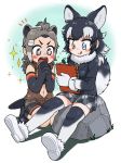 +_+ 2girls :q absurdres american_beaver_(kemono_friends) animal_ears antenna_hair appleq awestruck bangs bare_back beaver_ears beaver_tail bike_shorts black_hair blue_eyes blush bra closed_mouth commentary_request cutoffs drawing elbow_gloves extra_ears full_body fur-trimmed_footwear fur_collar fur_trim gloves grey_hair grey_wolf_(kemono_friends) hair_ornament hairclip hands_up heterochromia highres holding holding_pencil jacket kemono_friends kneeling licking_lips long_hair long_sleeves looking_down miniskirt multicolored_hair multiple_girls navel necktie open_mouth orange_eyes outstretched_legs own_hands_together pencil shoe_soles shoes shorts_under_shorts sidelocks sitting sketchbook skirt sleeveless sleeveless_jacket smile sparkle stomach stone tail thighhighs tongue tongue_out two-tone_hair underwear upper_teeth v-shaped_eyebrows wolf_ears wolf_girl wolf_tail zettai_ryouiki 