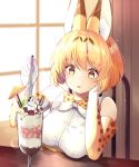  1girl :p absurdres animal_ear_fluff animal_ears animal_ears_(artist) banana_slice bare_shoulders blonde_hair blueberry blush chocolate cocktail_umbrella cream elbow_gloves eyebrows_visible_through_hair food fruit glass gloves head_on_hand highres ice_cream kemono_friends parfait print_gloves raspberry serval_(kemono_friends) serval_ears serval_print shirt short_hair sleeveless solo spoon strawberry tongue tongue_out wafer white_shirt yellow_eyes 