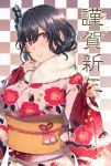  1girl absurdres black_hair floral_print hair_ornament highres japanese_clothes kantai_collection kimono looking_at_viewer miyako_(00727aomiyako) new_year pink_kimono red_eyes short_hair smile solo upper_body wide_sleeves yamashiro_(kantai_collection) 