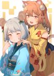  2girls animal_ears bangs blue_kimono brown_hair cat_ears cat_girl cat_tail cheek_poking chinese_zodiac commentary_request detached_sleeves eyebrows_visible_through_hair floral_print grey_hair hair_ornament hand_on_another&#039;s_shoulder heart heart-shaped_pupils japanese_clothes kimono long_hair long_sleeves mouse_ears multiple_girls obi original peroncho poking print_kimono red_eyes sash sleeveless sleeveless_kimono symbol-shaped_pupils tail wide_sleeves year_of_the_rat yellow_kimono yellow_sleeves 