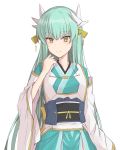  1girl aqua_hair bangs blush breasts collarbone commentary_request dragon_horns elfenlied22 eyebrows_visible_through_hair fate/grand_order fate_(series) green_hair hair_between_eyes highres horns japanese_clothes kimono kiyohime_(fate/grand_order) long_hair looking_at_viewer simple_background smile solo very_long_hair white_background yellow_eyes 