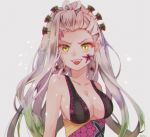  1girl :d breasts canary999 cleavage collarbone daki_(kimetsu_no_yaiba) floating_hair gradient_hair green_hair grey_background hair_ornament hairpin highres kimetsu_no_yaiba long_hair looking_at_viewer medium_breasts multicolored_hair open_mouth shiny shiny_skin sideboob silver_hair simple_background smile solo tied_hair twitter_username upper_body very_long_hair yellow_eyes 