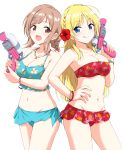  2girls :d :q ahoge bandeau bangle bangs bare_arms bare_shoulders bead_bracelet beads bikini bikini_skirt blonde_hair blue_bikini blue_eyes blush bracelet braid breasts brown_eyes brown_hair cleavage collarbone commentary_request cowboy_shot eyebrows_visible_through_hair floral_print flower groin hachimiya_meguru hair_flower hair_ornament hairclip hand_on_hip hand_up hibiscus highres holding holding_water_gun idolmaster idolmaster_shiny_colors jewelry large_breasts long_hair looking_at_viewer low_twintails marugoshi_(54burger) multiple_girls navel necklace open_mouth red_bikini red_flower sakuragi_mano sarong short_hair sidelocks simple_background smile standing stomach strapless strapless_bikini swimsuit thighs tongue tongue_out twin_braids twintails water_gun white_background 
