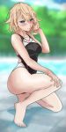  1girl absurdres aiuchi bangs barefoot black_swimsuit blonde_hair blue_eyes blurry braid commentary_request competition_swimsuit day depth_of_field fence full_body g36_(girls_frontline) girls_frontline highres looking_at_viewer mod3_(girls_frontline) one-piece_swimsuit outdoors pool short_hair solo squatting swimsuit 