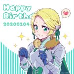  1girl armor blonde_hair blue_gloves cape closed_mouth dated eating english_text fire_emblem fire_emblem:_three_houses food food_on_face fork gloves green_cape green_eyes happy_birthday heart hiyori_(rindou66) holding holding_fork holding_knife ingrid_brandl_galatea knife solo spoken_heart twitter_username upper_body 