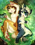  anthro armpit_hair beverage_can body_hair chest_tuft clothing crotch_tuft ear_piercing feet grass green_eyes kemono kiyosan_(artist) lying mammal navel nipples nude orange_eyes pawpads piercing smile tree tuft underwear underwear_around_one_leg 