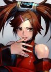  1girl breasts brown_eyes brown_hair china_dress chinese_clothes detached_sleeves dress finger_licking guilty_gear guilty_gear_xrd hair_ornament hair_ribbon hair_tubes hairclip hankuri impossible_clothes impossible_dress kuradoberi_jam licking long_hair medium_breasts portrait red_dress ribbon solo tongue tongue_out very_long_hair wide_sleeves 