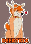  2020 anthro antlers badge cervid character_name collar digital_media_(artwork) english_text grumpy_griffin_creations hair horn looking_at_viewer male mammal nude simple_background smile solo text tongue tongue_out 