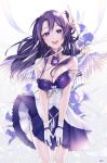  1girl :d angel angel_wings armband artist_name bare_shoulders breasts cleavage detached_collar dress feathered_wings fuu_kotora gloves hair_ornament highres large_breasts long_hair looking_at_viewer open_mouth original purple_dress purple_eyes purple_hair simple_background smile solo white_background white_gloves wings 