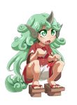  1girl :3 animal_ears animated bangs bare_arms bare_legs begging chestnut_mouth collared_shirt commentary daniel_renard english_commentary eyebrows_visible_through_hair fangs feet fingernails full_body geta green_eyes green_hair green_nails hands_up horn kariyushi_shirt komano_aun long_hair looking_up looping_animation monochrome nail_polish open_mouth paw_pose red_shirt red_shorts shirt short_sleeves shorts slit_pupils solo squatting tail toenails toes tongue touhou transparent_background upshorts very_long_hair wiggling_toes 