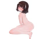  1girl ass bangs barefoot berezovich_kryuger_(girls_frontline) black_hair blush commentary_request covering covering_breasts dokomon eyebrows_visible_through_hair genderswap genderswap_(mtf) girls_frontline grey_eyes highres multicolored_hair nude short_hair simple_background sitting solo streaked_hair white_background white_hair 