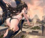  1girl arched_back armlet ass back bangs barefoot bikini black_bikini_bottom black_bow black_gloves black_hair black_legwear bow breasts choseon cityscape closed_mouth cloud cloudy_sky earrings elbow_gloves fate/grand_order fate_(series) floating_hair foreshortening from_behind gloves hair_bow hoop_earrings ishtar_(fate)_(all) ishtar_(fate/grand_order) jewelry light_smile long_hair looking_at_viewer looking_back medium_breasts mismatched_bikini red_eyes single_elbow_glove single_thighhigh sky soles solo swimsuit thighhighs thighs tree 