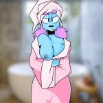  anthro bathrobe breasts canid canine canis clothed clothing domestic_dog female hi_res looking_at_viewer mammal mundy_(artist) nipples robe ryker_(character) solo towel 