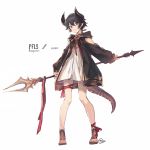  1other androgynous arms_behind_back brown_hair closed_mouth expressionless eyebrows_visible_through_hair full_body holding holding_weapon horns long_sleeves looking_at_viewer nagu original red_eyes red_ribbon ribbon short_hair solo tail twitter_username weapon 