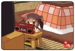  1girl artist_logo brown_eyes brown_hair cassette_player chibi commentary_request kaga_(kantai_collection) kantai_collection kotatsu long_hair side_ponytail solo table taisa_(kari) tasuki tatami television 