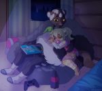  5_fingers accessory anthro baby_fur barefoot bean_bag bed bedroom big_tail black_body black_fur book bottomwear brown_eyes clothed clothing controller cub cuddling detailed_background dim_lighting domestic_ferret dook_(lildooks) door eyes_closed female fingers fluffy fluffy_tail fully_clothed fur furniture game_controller glowing green_hair gym_shorts hair hair_accessory hair_tie legwear lemmy_(lemmy_niscuit) male mammal markings mephitid multicolored_body multicolored_fur mustela mustelid musteline my_little_pony night pacifier pajamas pants plantigrade ponytail poster shadow shirt sitting skunk sky sleeping smile socks spotted_skunk strawberryneko tan_body tan_fur toddler topwear tree two_tone_body two_tone_fur video_games white_body white_fur young 