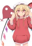  1girl :q alternate_costume blonde_hair blush cowboy_shot drawstring eyebrows_visible_through_hair flandre_scarlet hair_between_eyes hat hat_ribbon highres holding_hoodie hood hood_down hoodie laevatein long_sleeves looking_at_viewer mizune_(winter) mob_cap pointy_ears red_eyes red_hoodie ribbon short_hair simple_background slit_pupils smile solo standing tongue tongue_out touhou white_background white_headwear wings 