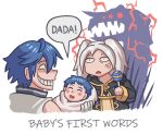  1girl 2boys aura ayyk92 blue_hair blush chrom_(fire_emblem) dark_aura english_text fire_emblem fire_emblem_awakening grima_(fire_emblem) grin morgan_(fire_emblem) morgan_(fire_emblem)_(male) multiple_boys rattle robe robin_(fire_emblem) robin_(fire_emblem)_(female) smile 