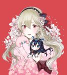  1other 2girls alternate_costume ballpoint_pen_(medium) blue_eyes blue_hair bow chibi corrin_(fire_emblem) corrin_(fire_emblem)_(female) fire_emblem fire_emblem_awakening fire_emblem_fates floral_print flower grey_hair hair_between_eyes hair_flower hair_ornament hairband highres japanese_clothes kimono kirby kirby_(series) long_hair looking_at_viewer lucina_(fire_emblem) multiple_girls open_mouth pink_kimono pointy_ears red_background red_eyes roroichi simple_background smile super_smash_bros. traditional_media upper_body 