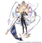  1boy black_gloves black_pants boots character_request clenched_hand company_name dated flag full_body gloves gold_trim hand_up highres holding_polearm king&#039;s_raid male_focus official_art pants silver_eyes simple_background solo vest white_background 