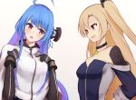  2girls ahoge azur_lane bangs black_choker black_gloves blonde_hair blue_hair blush capelet choker cleveland_(azur_lane) elbow_gloves eyebrows_visible_through_hair gloves helena_(azur_lane) highres long_hair marshall2033 multiple_girls one_side_up open_mouth pink_eyes red_eyes simple_background smile upper_body white_background 