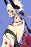  1boy black_sclera blood blood_on_face bloody_clothes blue_background closed_mouth cracked cracked_skin eyebrows_visible_through_hair harurie horns japanese_clothes long_hair looking_back onmyoji pointy_ears ponytail red_eyes simple_background slit_pupils solo white_hair 
