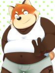  2018 ailurid anthro belly blush clothing eyes_closed humanoid_hands male mammal navel overweight overweight_male red_panda shirt solo takkusk topwear underwear 