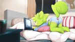  &lt;3 anthro bed bedroom bulge butt clothed clothing computer cub curtains fur furniture gaming green_body green_ears green_fur green_tail inside male mammal on_bed pillow playing_videogame raised_tail rodent sciurid solo topwear underwear window young yupa 