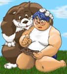  2007 anthro belly blush brown_body brown_fur canid canine canis domestic_dog duo eyewear fur glasses human humanoid_hands kiyo male mammal outside overweight overweight_male 